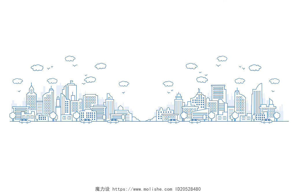 蓝色线条对称城市插画建筑城市背景